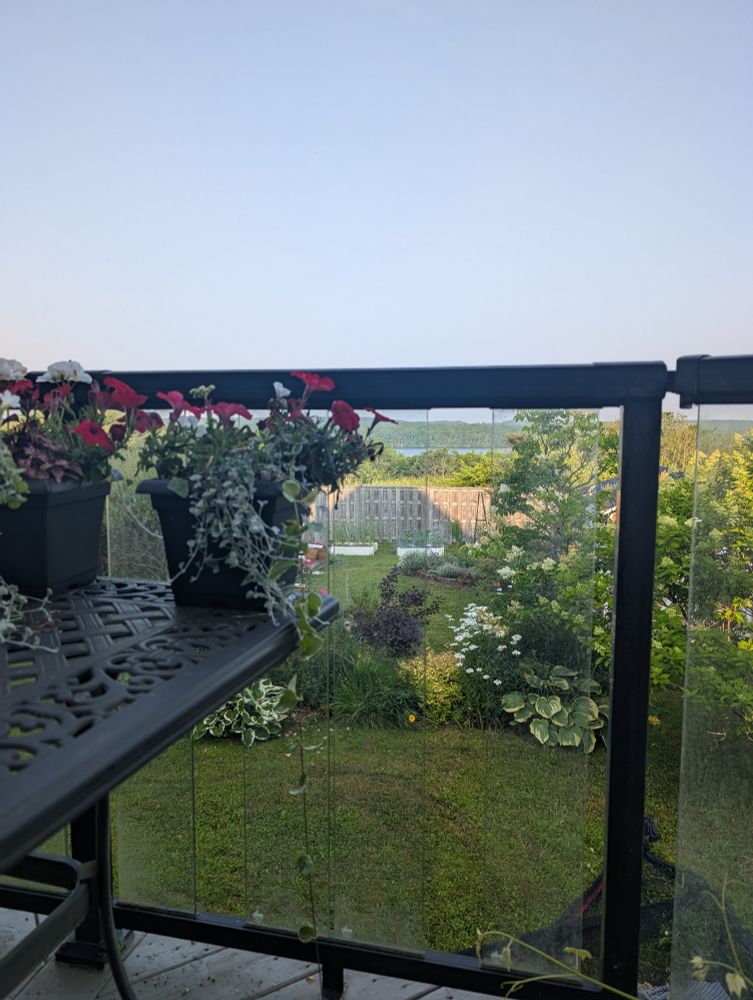 View of a back yard with flowers and trees blooming through a deck railing with a lake in the background 