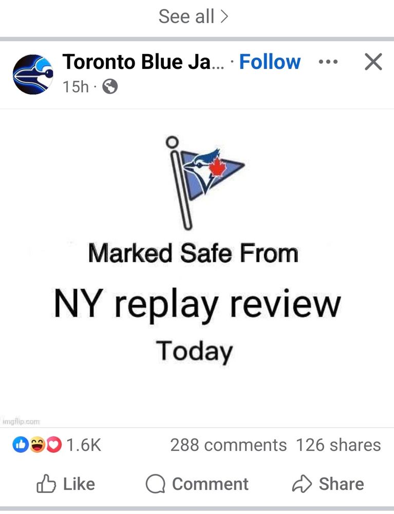 Screenshot of the Toronto Blue Jays' Facebook page that says "Marked Safe From NY replay review Today"