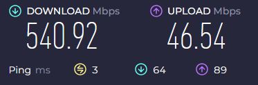 speedtest post-NBN speed upgrade; 540Mbps download, 46Mbps upload