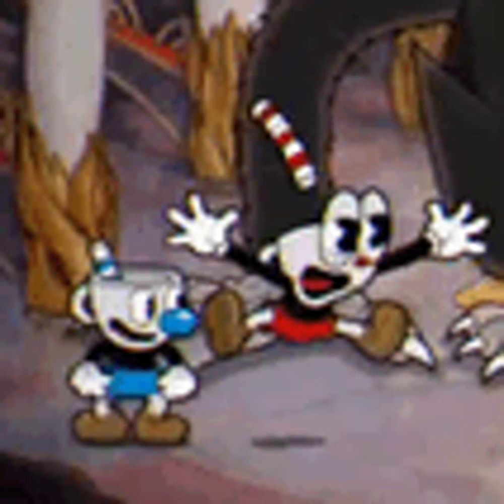 two cartoon characters , cuphead and a jester , are standing next to each other .