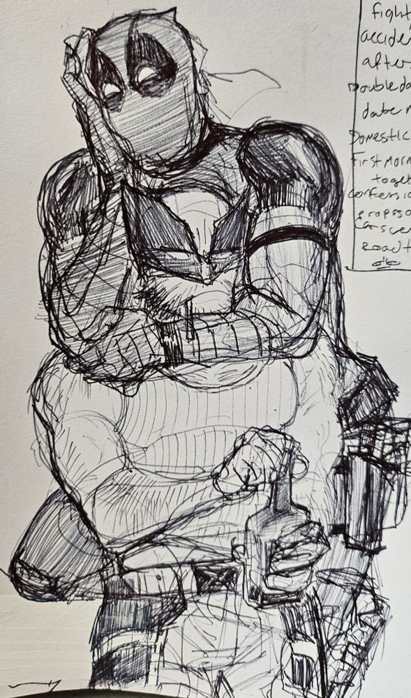 Pen drawing of deadpool hugging wolverine. Wolverine has the white undershirt instead of the costume top, opening s bottle of liquor. Text on upper right is poolverine week prompts but cut off