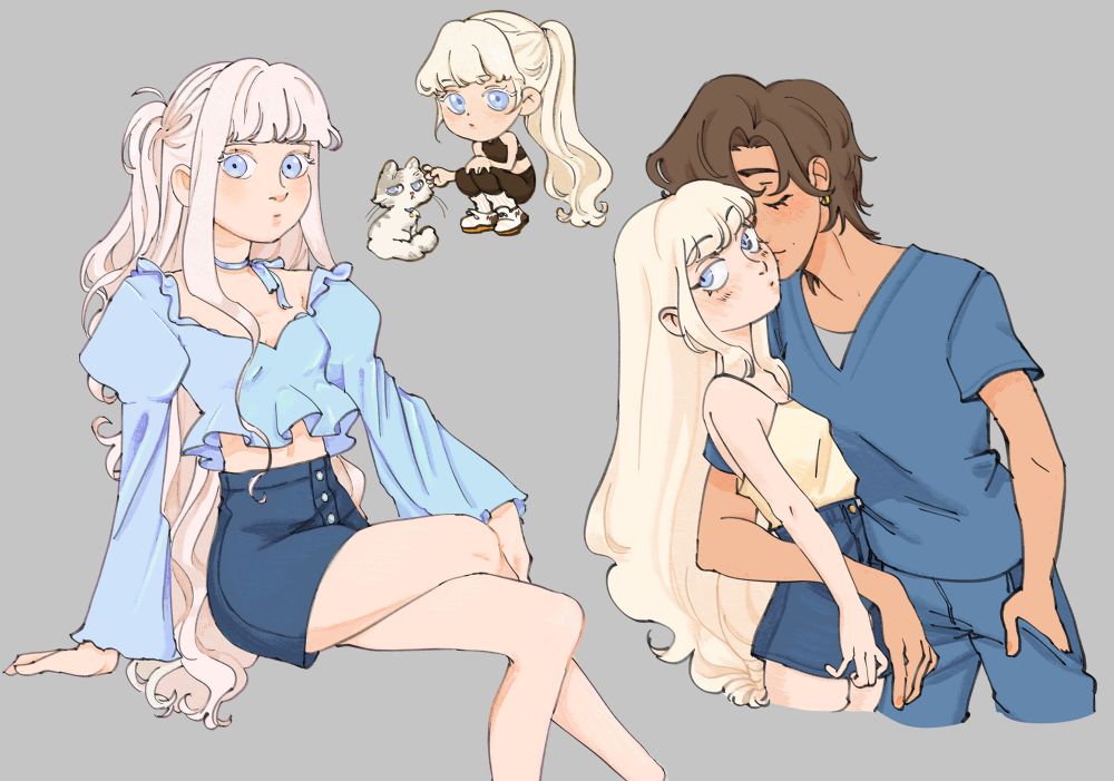 a sketch page of my oc charlotte in various poses one including her wife kissing her cheek