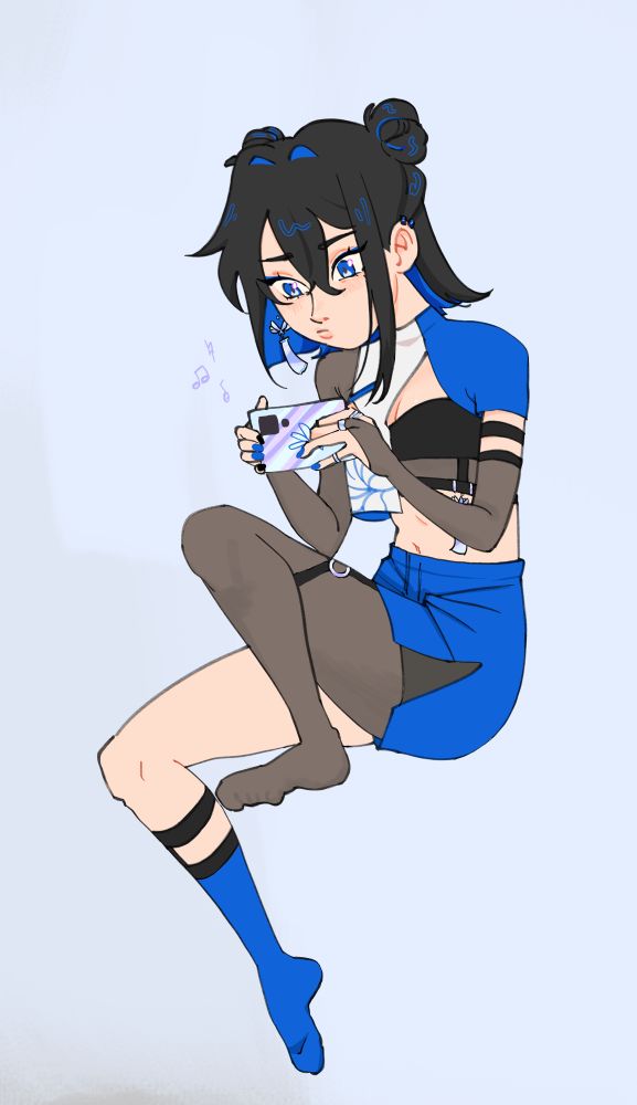 an illustration of ierayc’s OC mira, she is playing a rhythm game on her phone and looks frustrated 