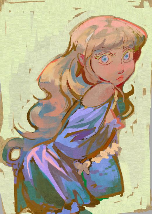 a painted illustration of my oc charlotte by zzzbookwormzzz against a yellow bg, she is wearing blue and has a matching blue crocheted bag, she looks defiant