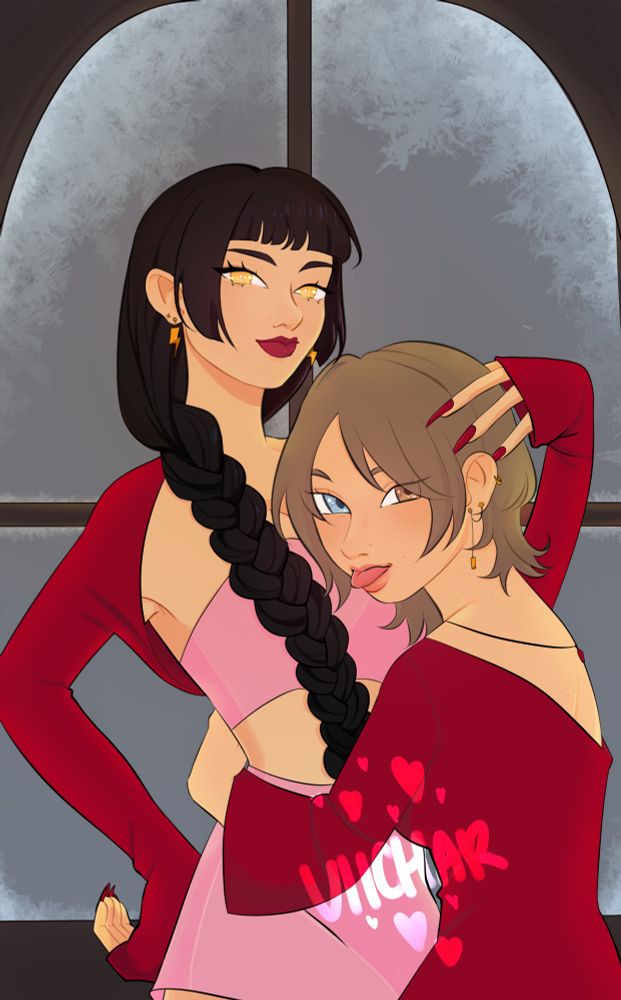 An illustration of a lesbian couple, both are facing the camera, one is holding the other to her chest and the other is sticking her tongue out at you. They are in front of a frosted window.