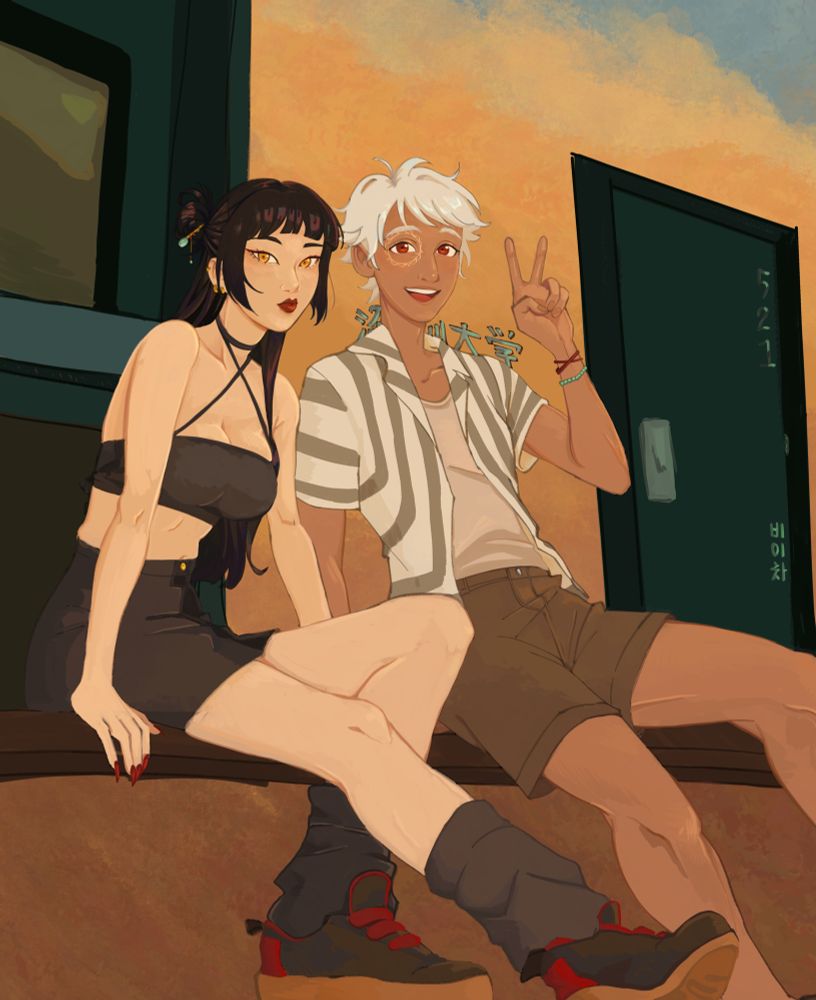 an illustration of two characters sitting at school