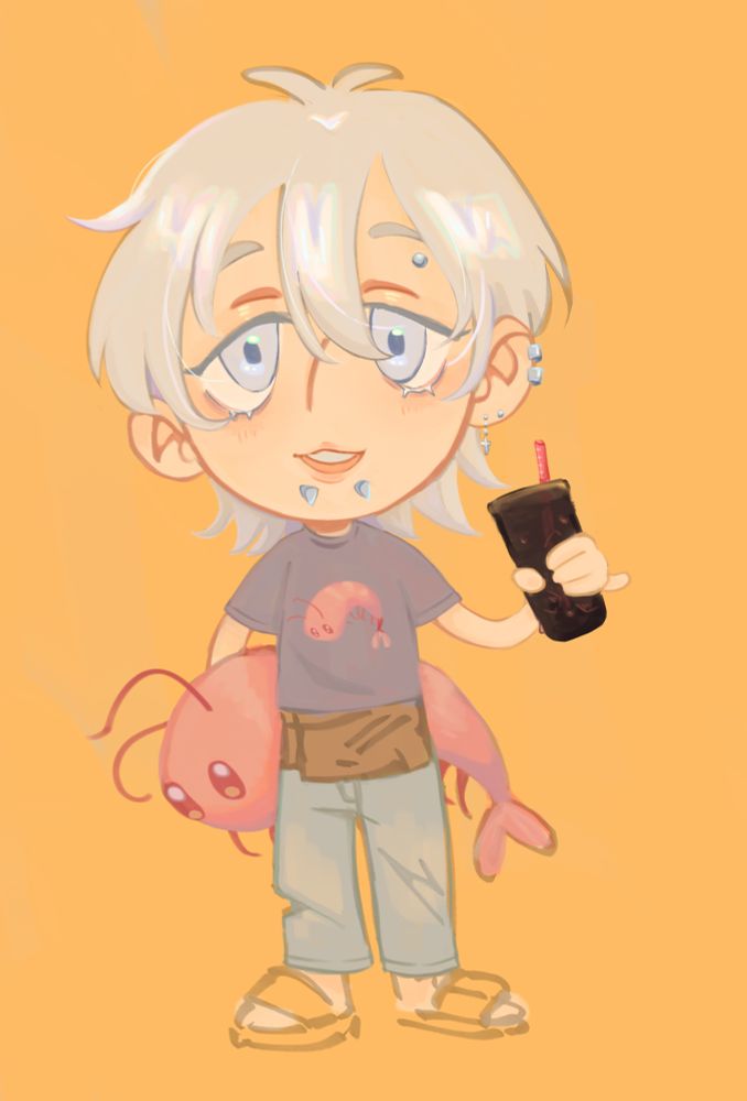 a chibi illustration of my oc hayden holding a coffee and large shrimp plushie 