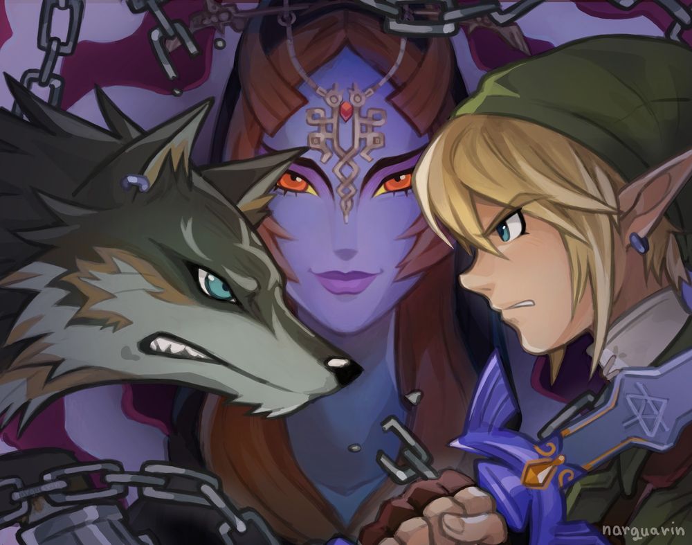 A 2D digital illustration featuring the main characters from the Nintendo game "The Legend of Zelda: Twilight Princess". Link and Wolf Link are staring each other down while Midna is in the background, looking mischievous. 