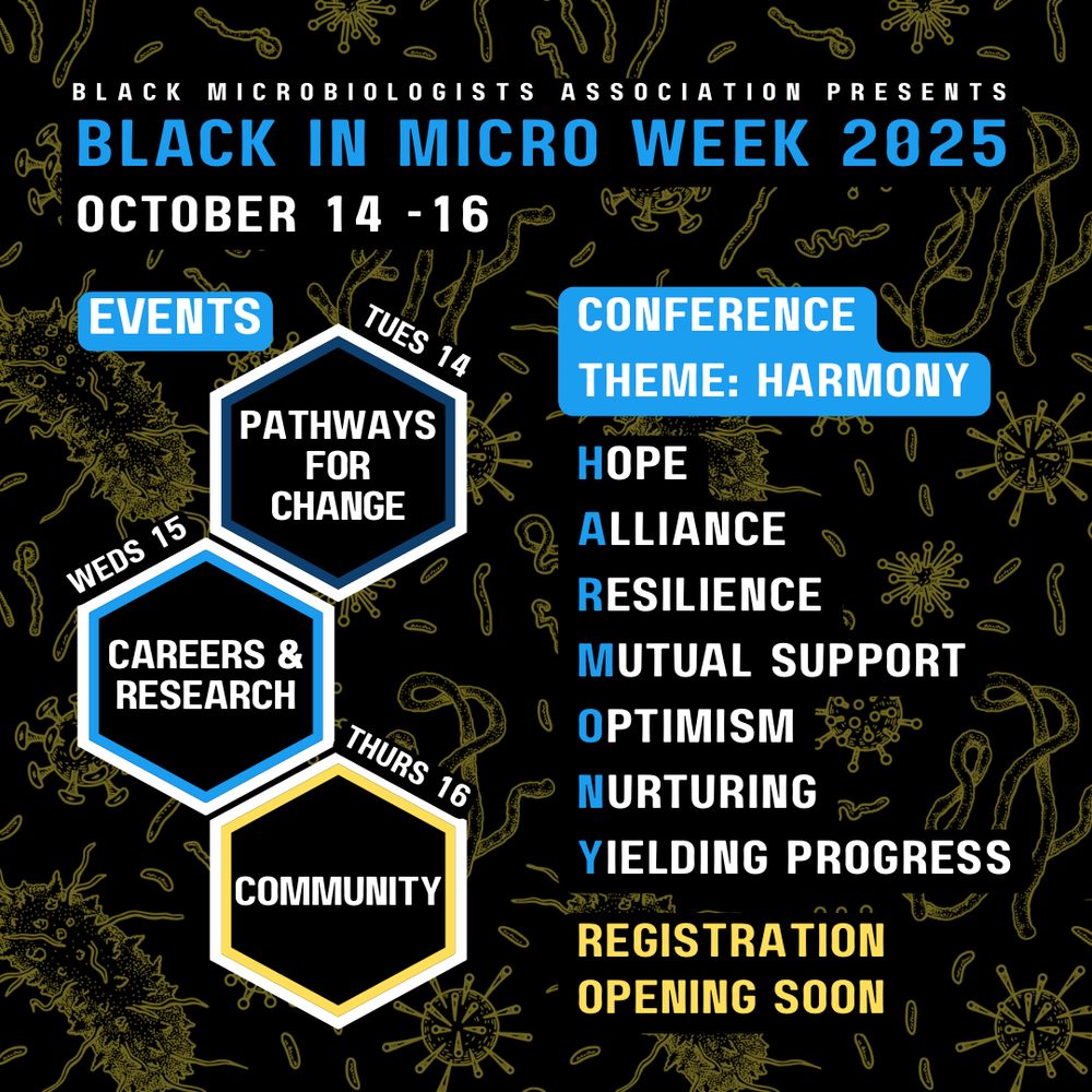 The Black in Micro Week 2025 schedule announcement with a black and yellow microbe background. The flyer reads "Black Microbiologists Association presents Black in Micro Week 2025, October 14-16. Events: Mon 14, Pathways for Change; Tues 15, Careers & Research; Weds 16, Community. The Conference theme is Harmony: Hope, Alliance, Resilience, Mutual Support, Optimism, Nurturing and Yielding Progress. Registration opens soon.