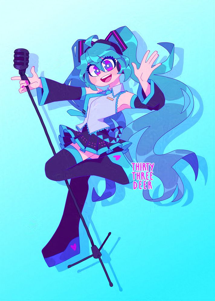 hatsune miku in a popular DTIYS pose, waving to the screen with a microphone in her other hand and one foot kicked up. her full body is visible on a gradient blue background