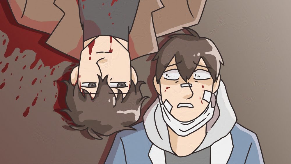 Yujin looked at yuhyeon with horrified shocked face. While yuhyeon smile faintly with small light in the eyes and blood pool and splatter.