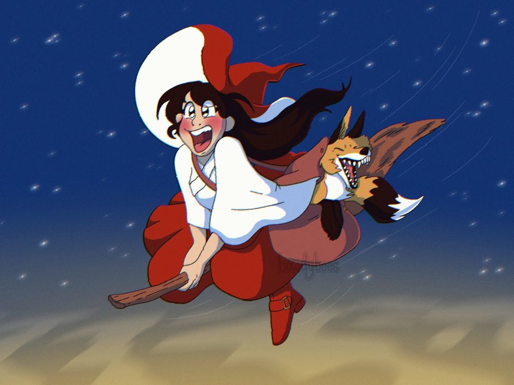 The witch Ame from World's Beyond Number flying on a broom. The fox is poking out of her bag on her hip. Both have their mouths agape in the midst of laughter. A blue starry night sky is behind them, and smoky orange clouds far below. The image is slightly glitched, as if it's a scene being played on an old TV.