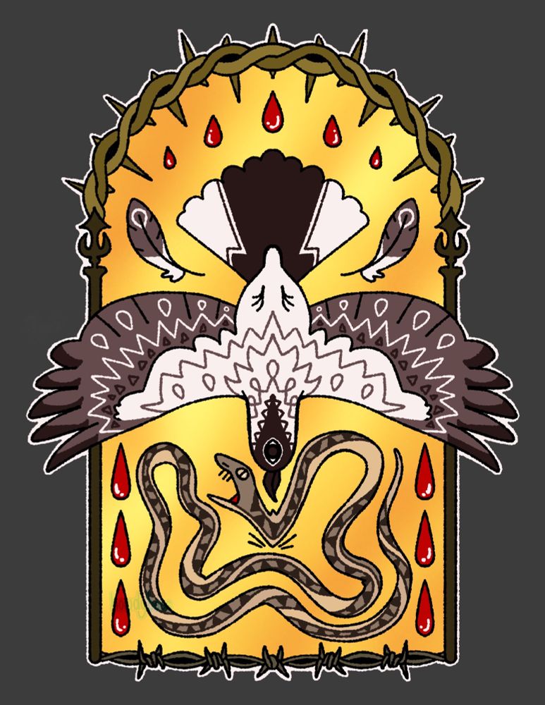 A loggerhead shrike pierces a snake. Both animals are decorated with patterns. The scene uses muted colors against a gold background, and is framed by drops of blood, spiked fence posts, thorny vines, and barbed wire.
