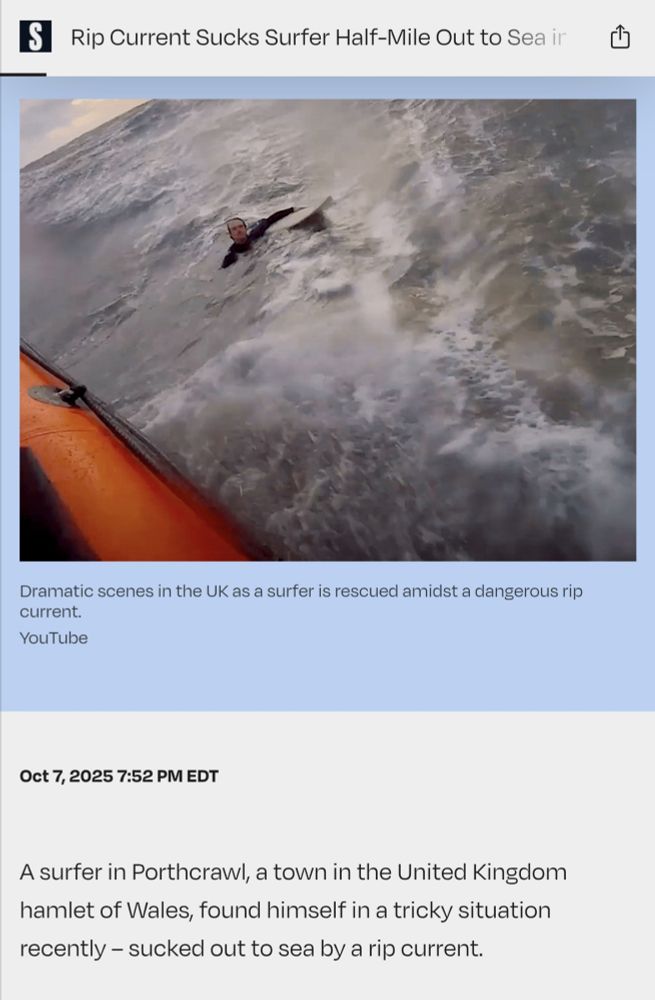 A picture of a surfer, floating on his back in the sea hugging his board, being picked up by an orange lifeboat with an opening paragraph that reads: 'A surfer in Porthcrawl, a town in the United Kingdom hamlet of Wales, found himself in a tricky situation recently – sucked out to sea by a rip current.'