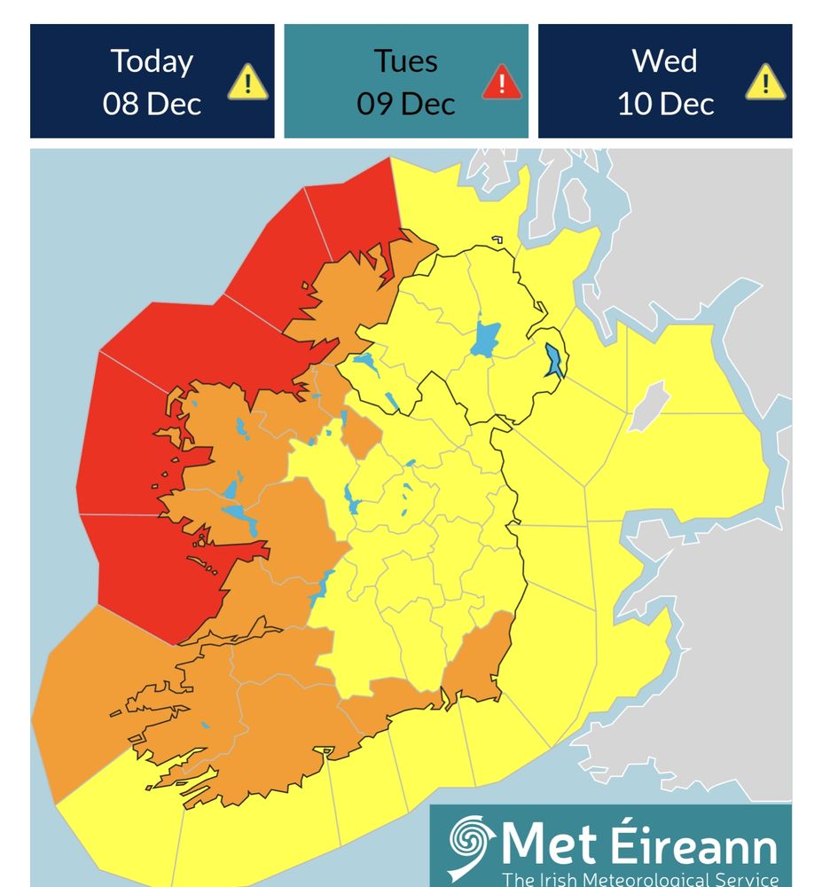 A Met Eireann weather warning graphic showing a red warning in the sea but an orange warning all along the counties of the west coast if Ireland for Tuesday, December 9th.