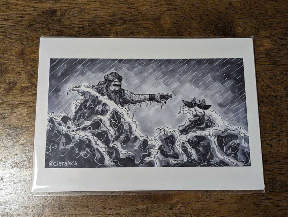 The giant Manannán Mac Lir rising up from a stormy sea before a small rowing boat containing two tiny people on the crest of a breaking wave.