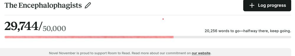 screengrab from my Novel November dashboard, showing im at 29,744/50,000 words in. WHich the wensite captions 20,256 words to go--halfway there. AI, eh?