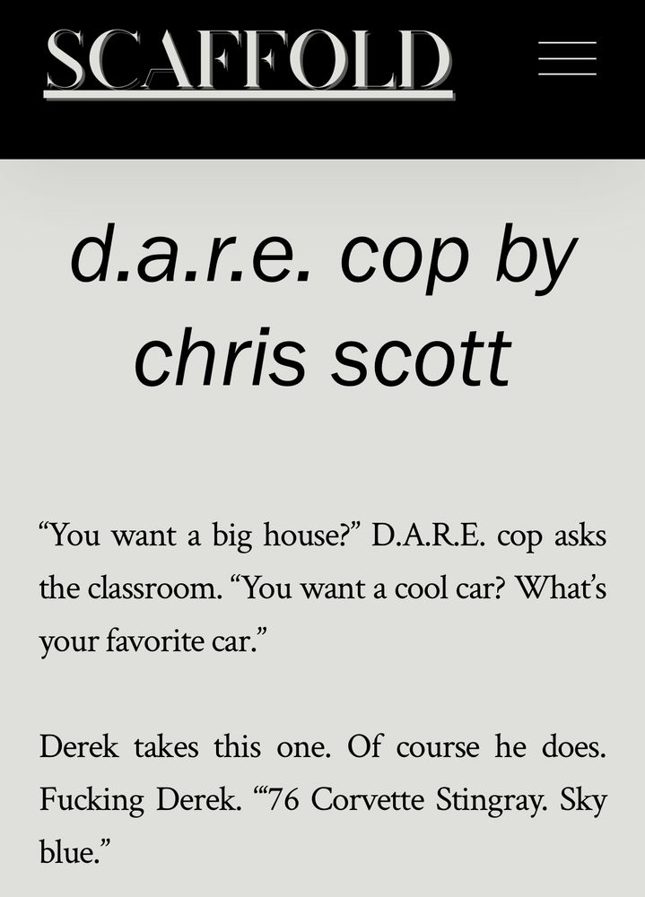 “You want a big house?” D.A.R.E. cop asks the classroom. “You want a cool car? What’s your favorite car.”

Derek takes this one. Of course he does. Fucking Derek. “‘76 Corvette Stingray. Sky blue.”