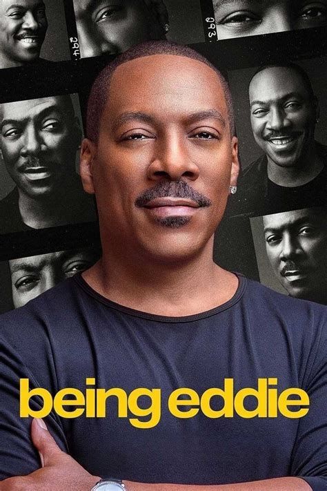 Poster for the 'Being Eddie' documentary on Netflix. Eddie Murphy is in the foreground present day, arms folded and smiling. In the background is a bunch of his headshots in black and white.