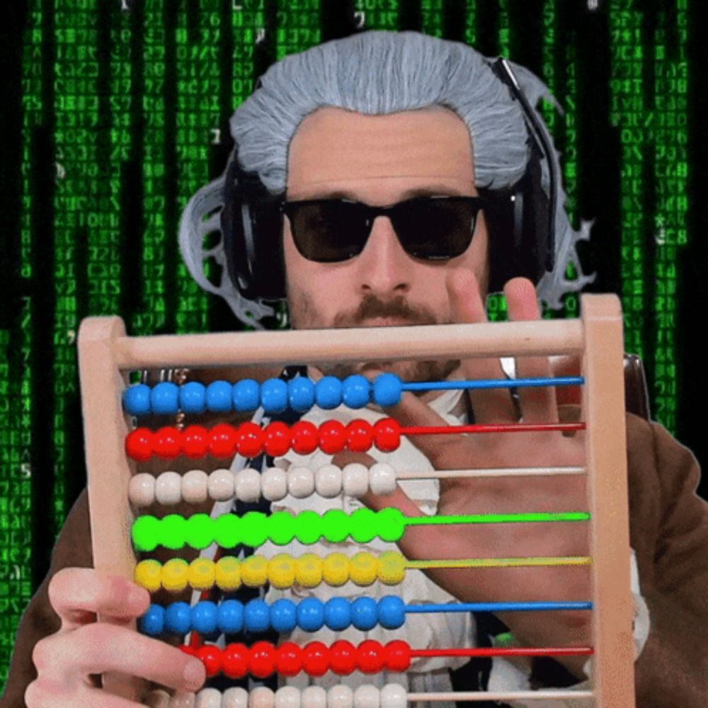 a man in a wig and sunglasses is holding an abacus