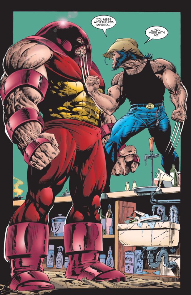 Wolverine stands up for Cannonball to Juggernaut in Wolverine #93.