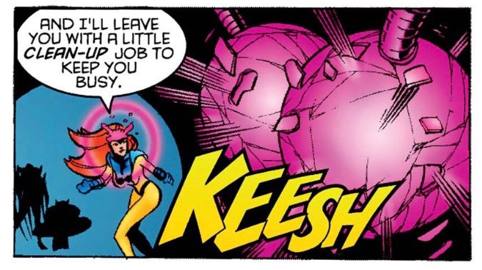 Jean Grey does some telekinetic destruction to Mr. Sinister’s lab in the X-Men 1995 annual.
