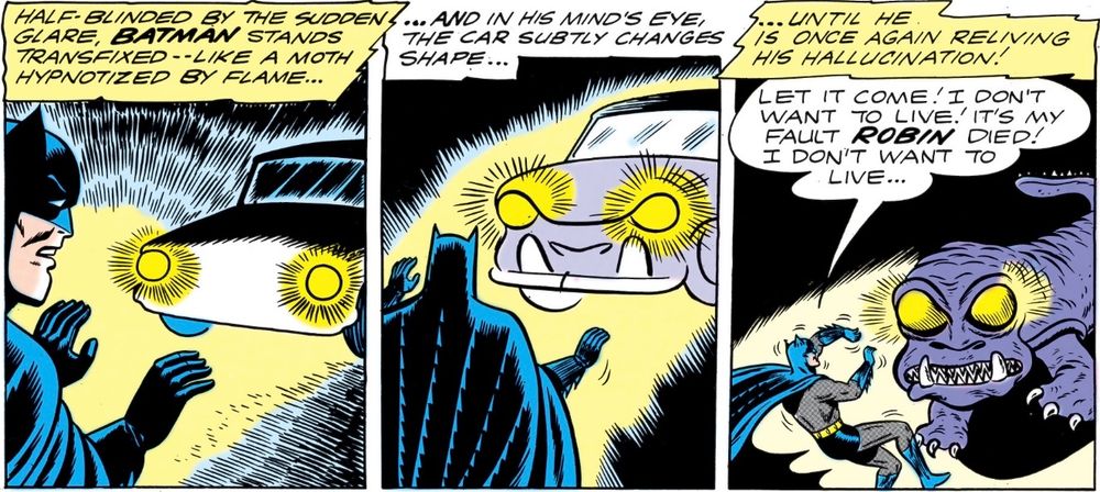 In Batman #156, Batman has a traumatic flashback to a virtual reality test he’d recently done.
