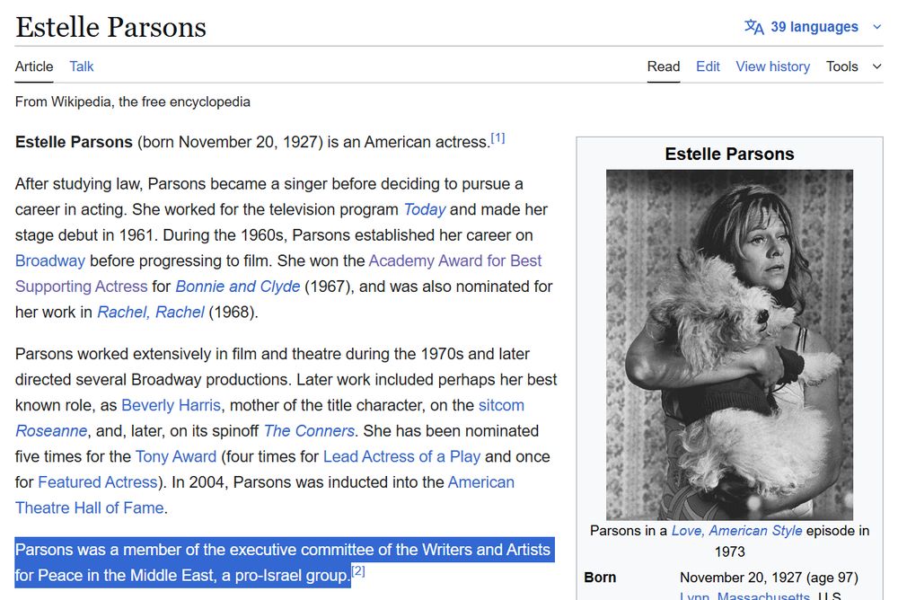 Parsons was a member of the executive committee of the Writers and Artists for Peace in the Middle East, a pro-Israel group.
