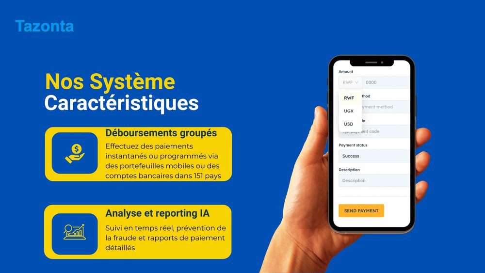 Le système de Tazonta permet des paiements groupés en temps réel grâce à des analyses alimentées par l'IA et des rapports personnalisés pour suivre les paiements et prévenir la fraude. Favoriser le Travail Décent et la Croissance Économique. #Tazonta #Fintech #paiements #Afrique

Tazonta’s system enables real-time bulk payments with AI-powered analytics and custom reporting to track payments and prevent fraud. Promoting Decent Work and Economic Growth. #Tazonta #Fintech #paiements #Afrique

