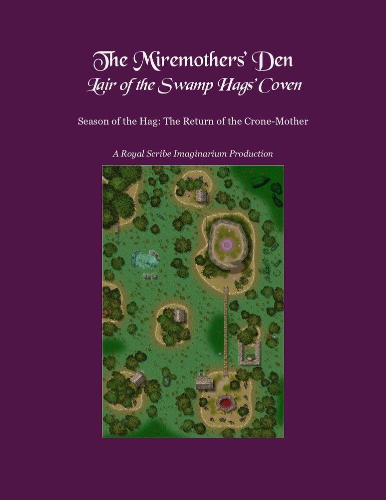 Cover art for Miremothers’ Den — Swamp Hags’ Lair Map Pack, showing a shadowed bog filled with tangled roots, dark water, and flickering witch-lights.