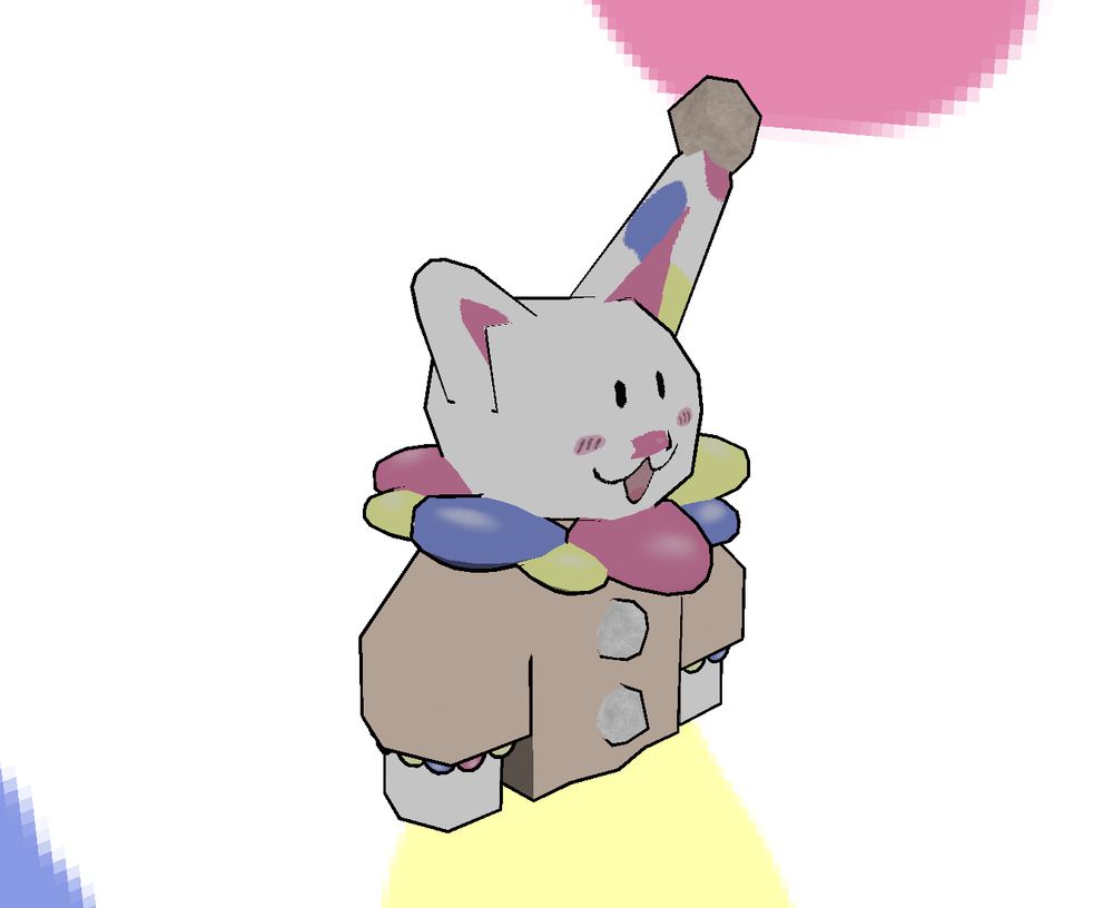 Half body 3d model of a cat clown in front of a white background with colored dots.