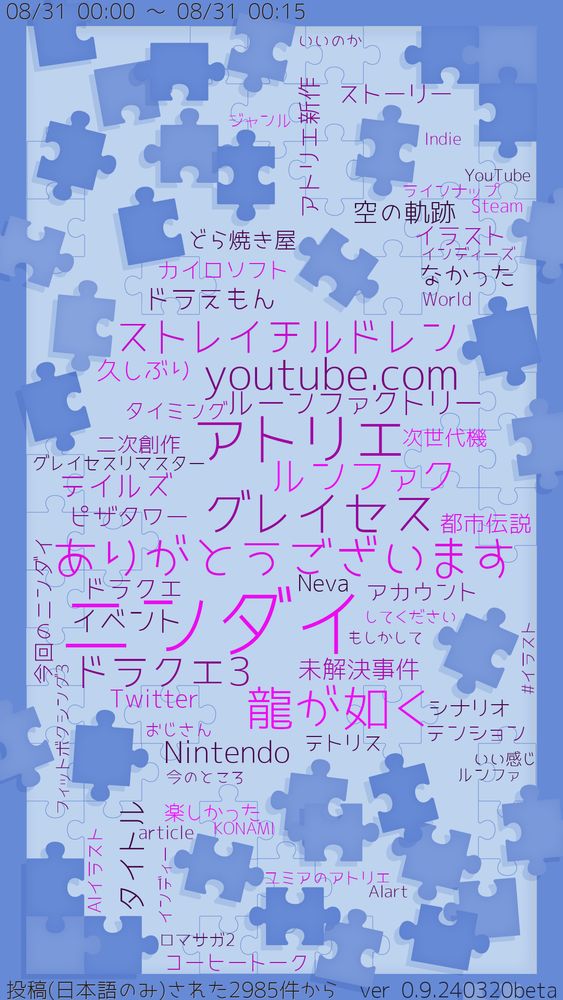 前半 対象期間【08/31 00:00 ～ 08/31 00:30】
ニンダイ アトリエ グレイセス 龍が如く ありがとうございます youtube.com ストレイチルドレン ルンファク ドラクエ3 ルーンファクトリー タイトル Nintendo テイルズ イベント ドラえもん.