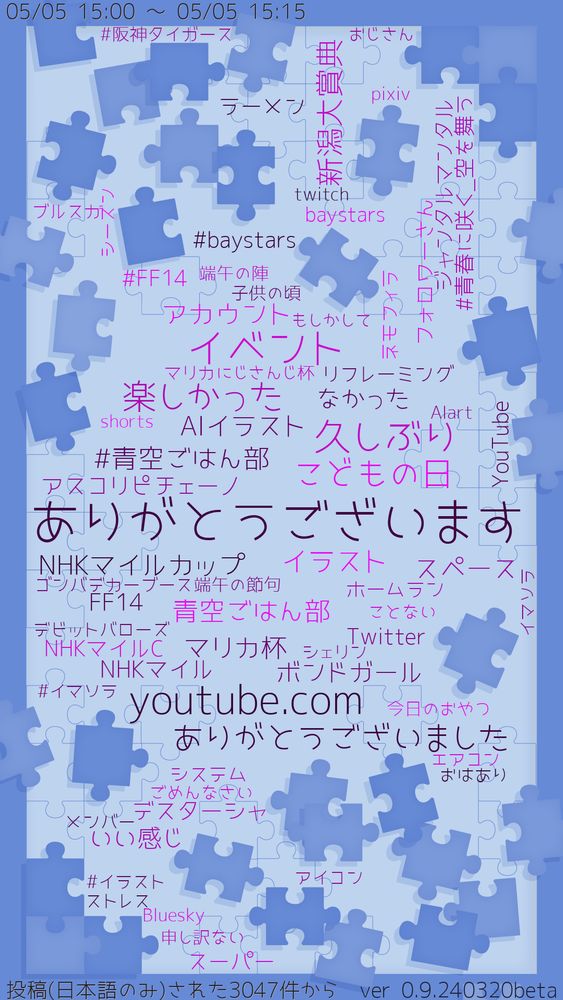 前半 対象期間【05/05 15:00 ～ 05/05 15:30】
ありがとうございます イベント youtube.com 久しぶり 楽しかった こどもの日 ありがとうございました 新潟大賞典 イラスト 青空ごはん部 マリカ杯 スペース アカウント NHKマイルカップ AIイラスト.