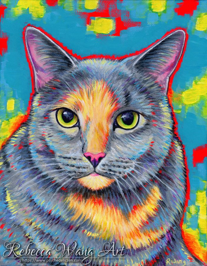 A colorful portrait of a dilute tortoiseshell cat