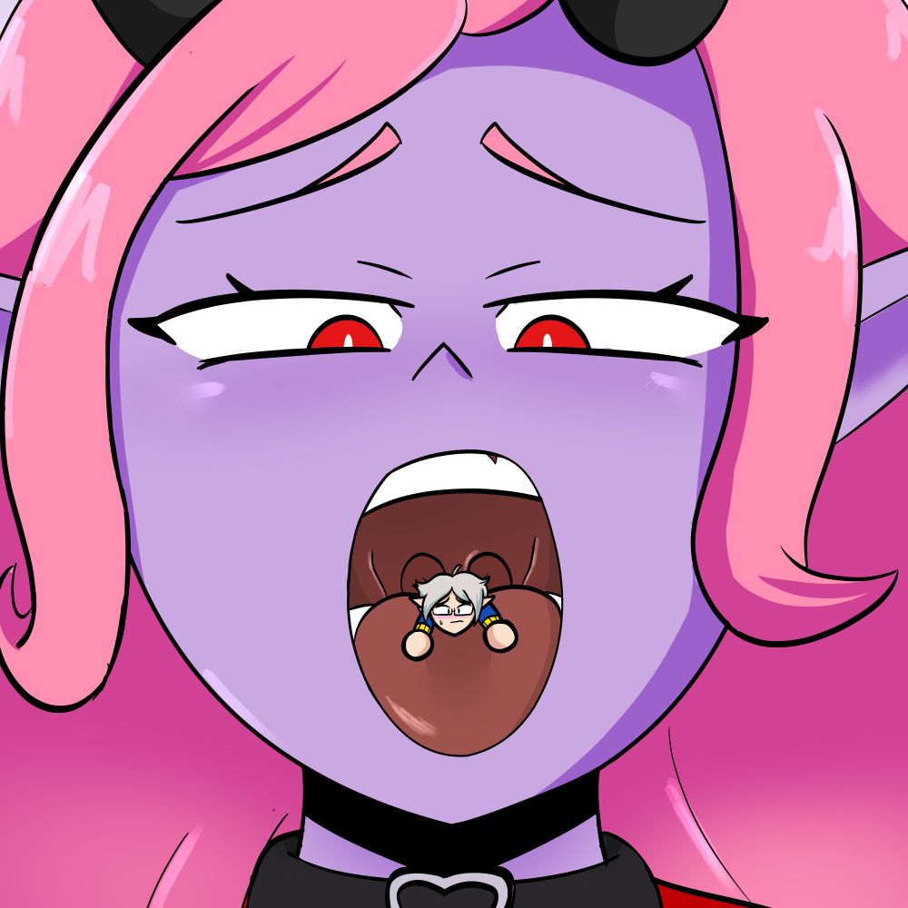 Lyra holding her mouth agape, revealing a bite-sized, panic-stricken Rudy, unable to stop himself from slipping down into her gullet.