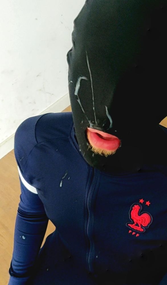 Cum all over a black lycra hood