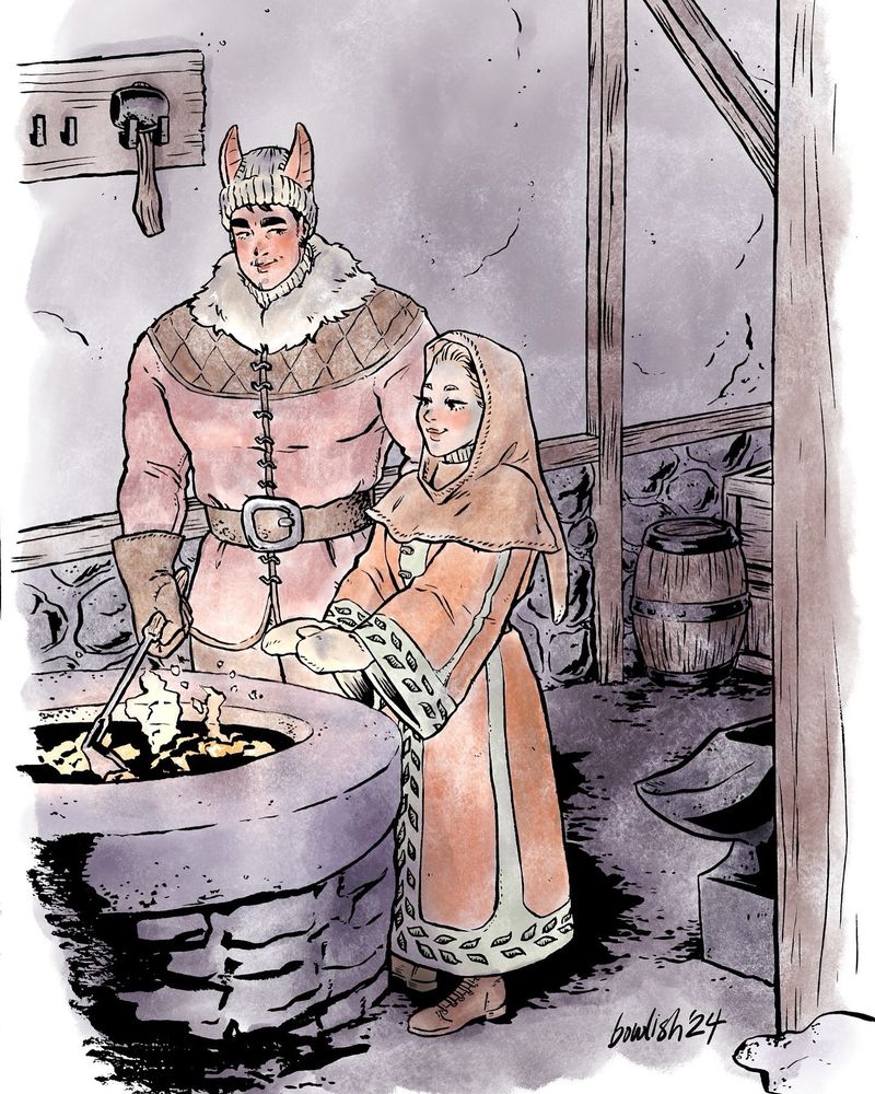Ink drawing with a digital wash of watercolour, depicting two characters, a tall red demon man and shorter white human woman standing at a forge in winter clothes. He takes the coals as she warms her hands. 