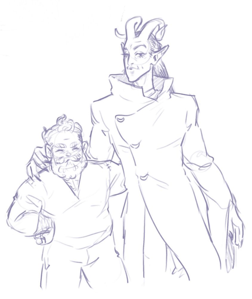 Side by side sketch of Rhoderic and Vhainyc, showing their difference in height, with Rhoderic not quite coming up to Vhainyc’s shoulder. 