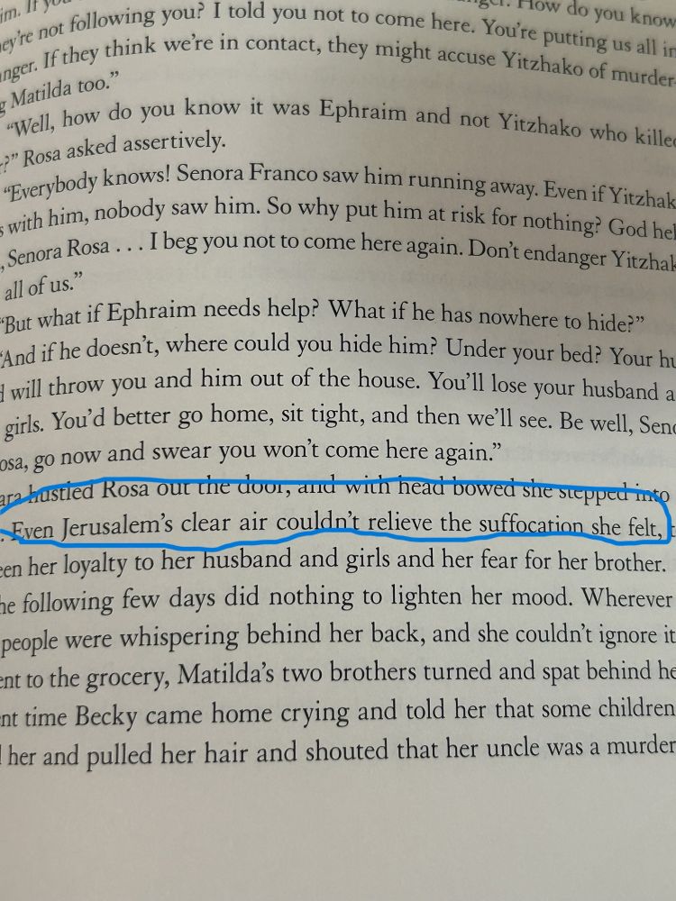 "Even Jerusalem's clear air couldn't relieve the suffocation she felt..." 
