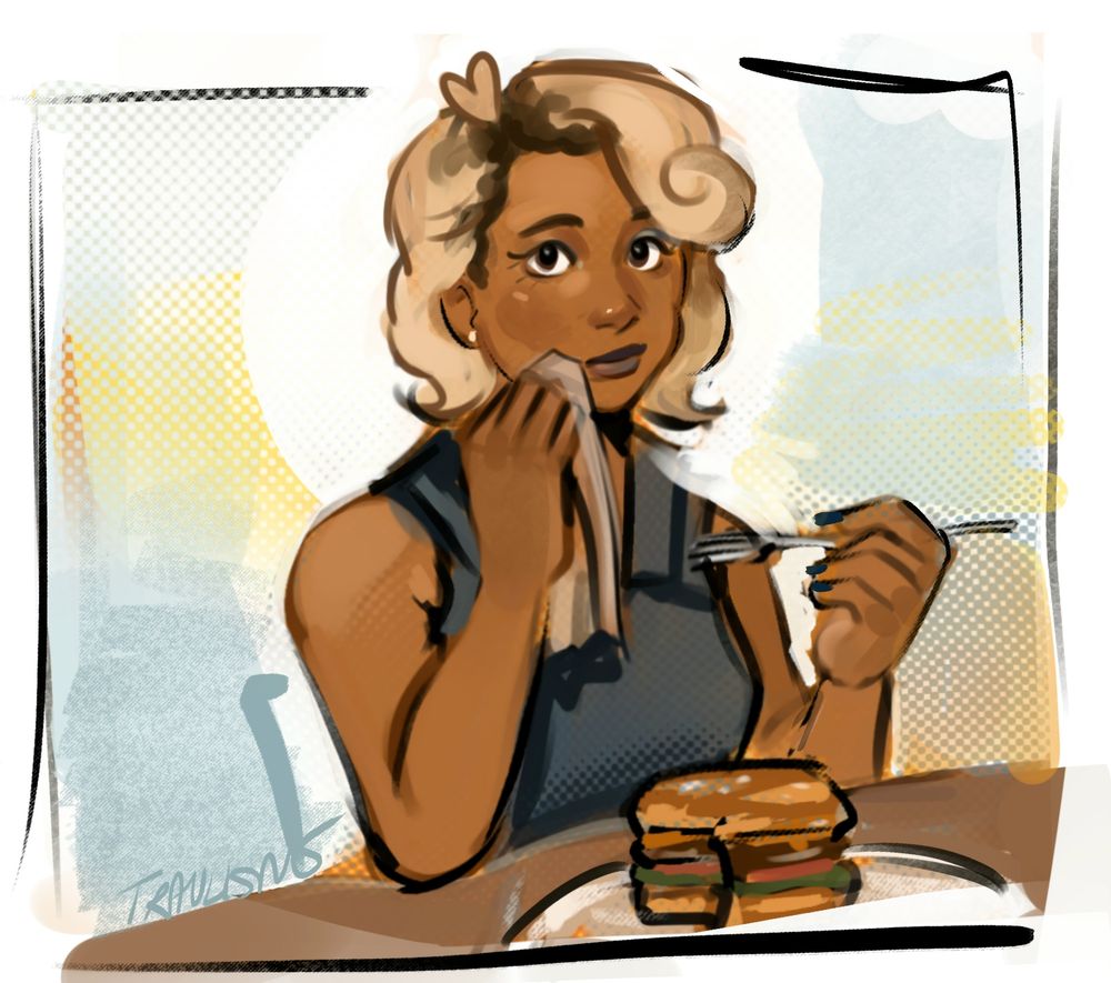 digital drawing of cherie eating a burger with a fork and knife. she wipes her face with a napkin and looks to the viewer. 