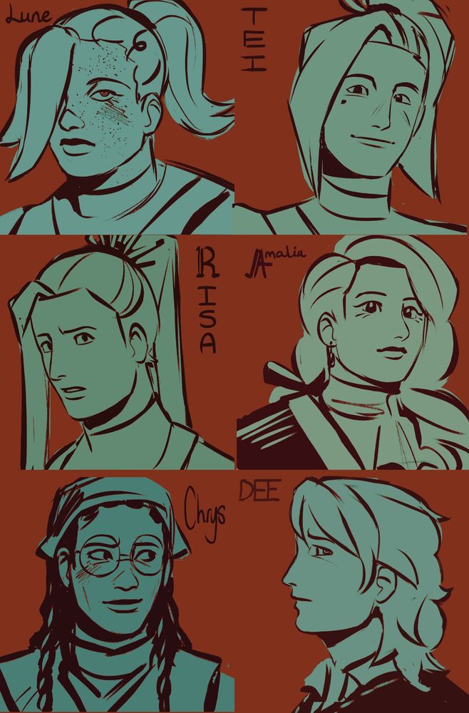 Digital portraits. From left to right top to bottom, Lune, Tei, Risa, Amalia, Chrys, and Dee. 