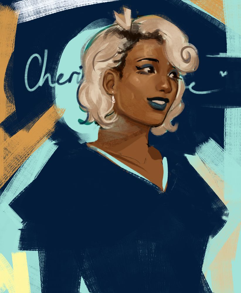 A digital painting of Cherie smiling. 