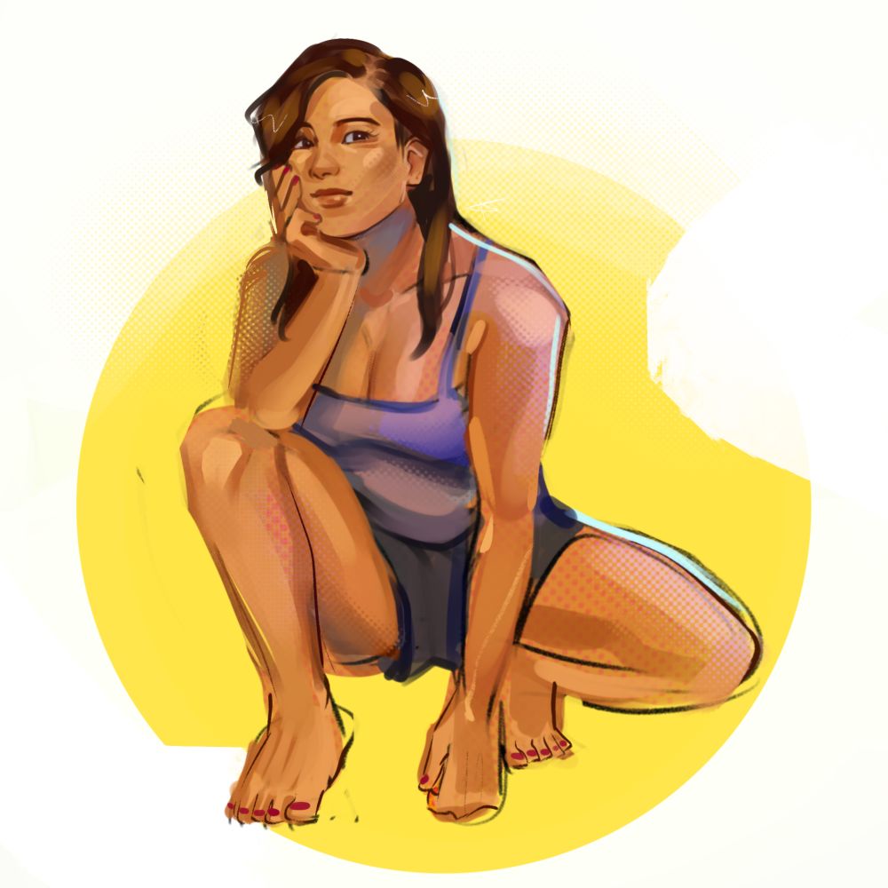 a digital drawing of a person crouching down with their arm propped on their leg and hand cupping their face. they wear a casual tank top and shorts.