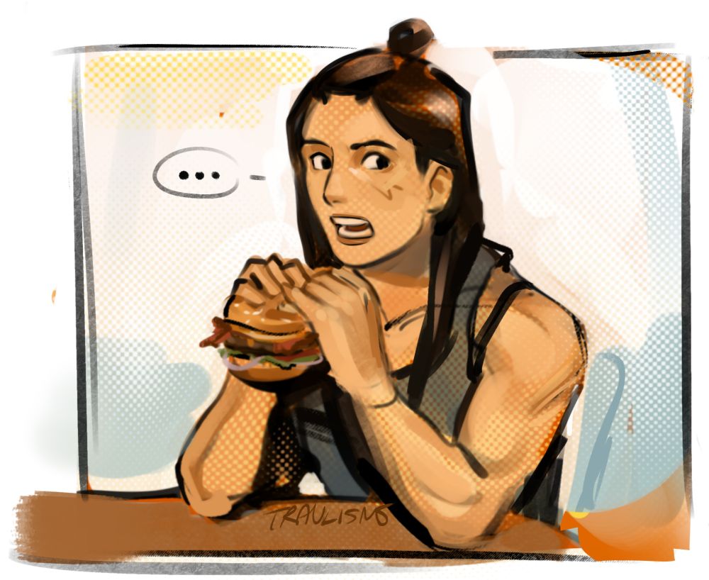 digital drawing of lola eating a burger. she uses her hands and looks to the side. 