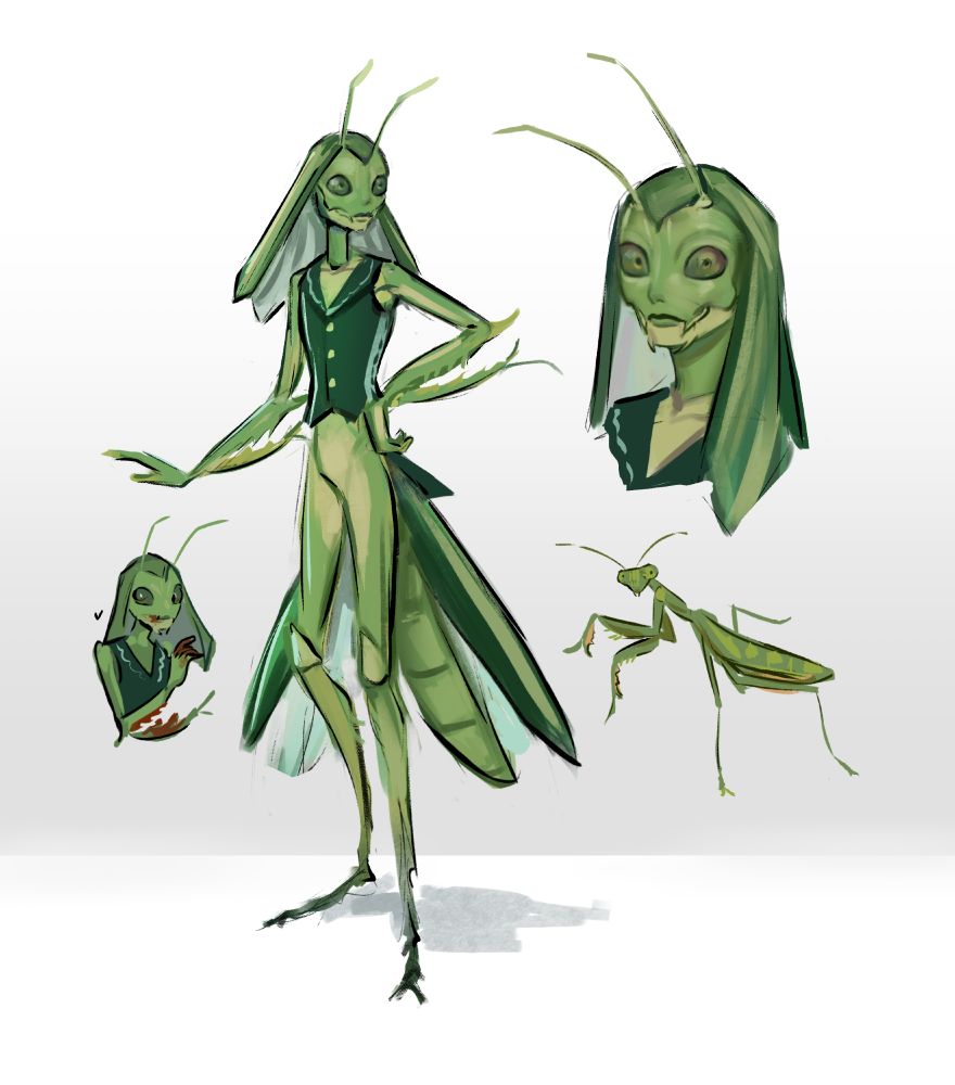 Digital drawings of a humanized praying mantis. She is green with a tail-like version of a mantis' abdomen, raptorial arms, bug-like feet, and antennae. She wears a vest with a tailcoat. In one drawing they have blood on their arm, hand, and mouth. There is also a drawing of an actual praying mantis.