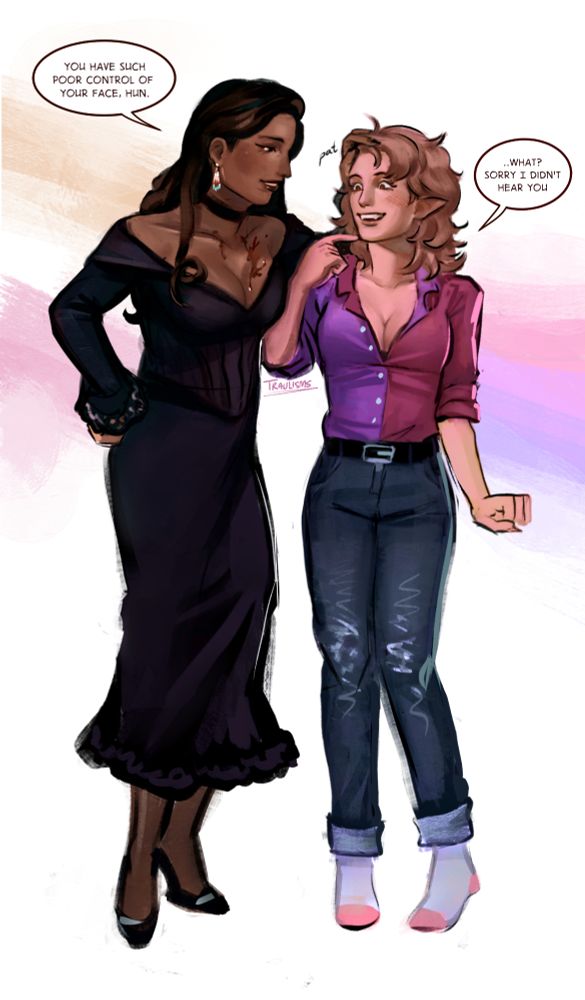 Digital drawing of Jenae and a very smiley Vi. Jenae wears an off the shoulder black dress, and has blood spatter on her chest. She pats Vi's head and says "You have such poor control of your face, hun", and Vi says "What? Sorry I didn't hear you". The lesbian flag colours are visible behind Jenae and the Bi flag colours behind Vi. 