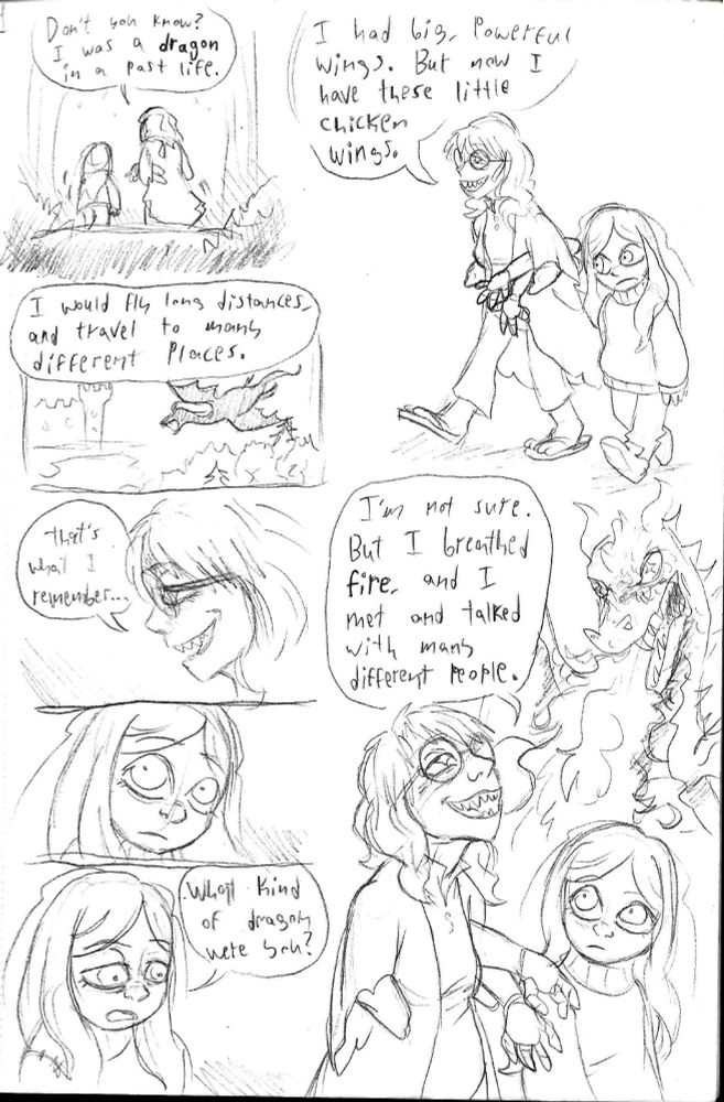 two OCs talk as they walk. one explains to the other how they were a "dragon" in a past life, and how they would travel long distances to many places. The OC saying this is carrying their prosthetic arms under their stubbed arm.