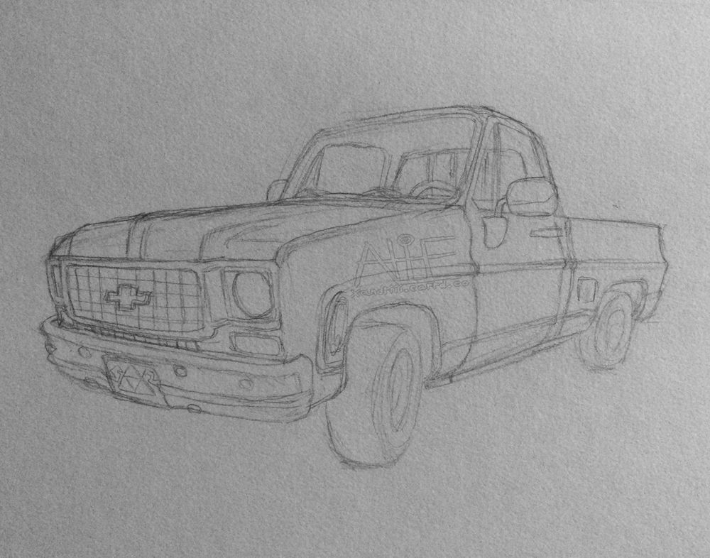 photo of a traditional pencil sketch of a chevy pickup.