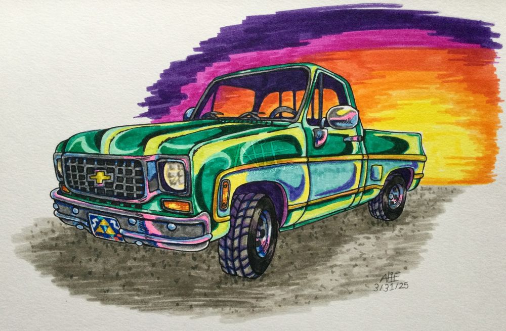 photo of a traditional marker illustration of a square-body chevy pickup.  It's drawn in many psychedelic colors with a sunset in the backdrop and a triforce from the Zelda series on the front license plate.