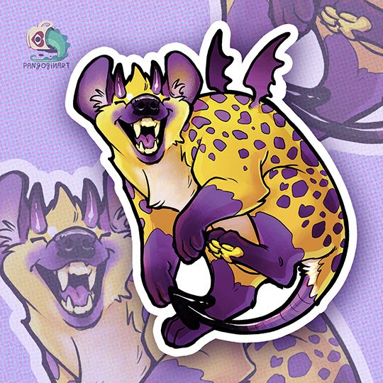 cartoon hyena with bat wings and horns with colors inspired in the non binary flag